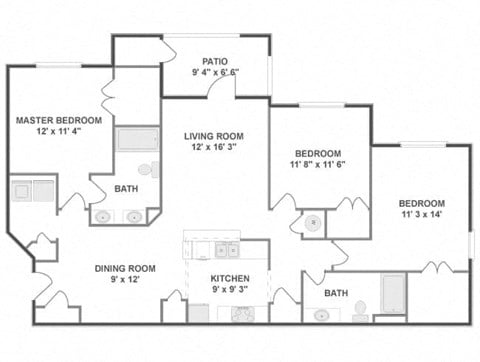 Floor plan for 3 beds, 2 baths, 1384 sqft